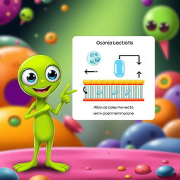 A green alien character, cheerfully pointing at a diagram that illustrates the process of osmosis