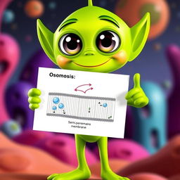 A green alien character, cheerfully pointing at a diagram that illustrates the process of osmosis