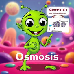 A green alien character, cheerfully pointing at a diagram that illustrates the process of osmosis