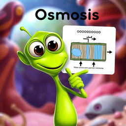 A green alien character, cheerfully pointing at a diagram that illustrates the process of osmosis