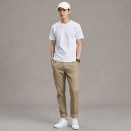 Anime character dressed in a clean, white cap and t-shirt combo, paired with casual khaki pants.