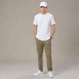 Anime character dressed in a clean, white cap and t-shirt combo, paired with casual khaki pants.