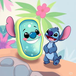 A playful illustration featuring a cell membrane positioned next to Stitch, the iconic character from Disney's Lilo & Stitch