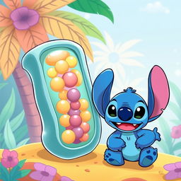 A playful illustration featuring a cell membrane positioned next to Stitch, the iconic character from Disney's Lilo & Stitch