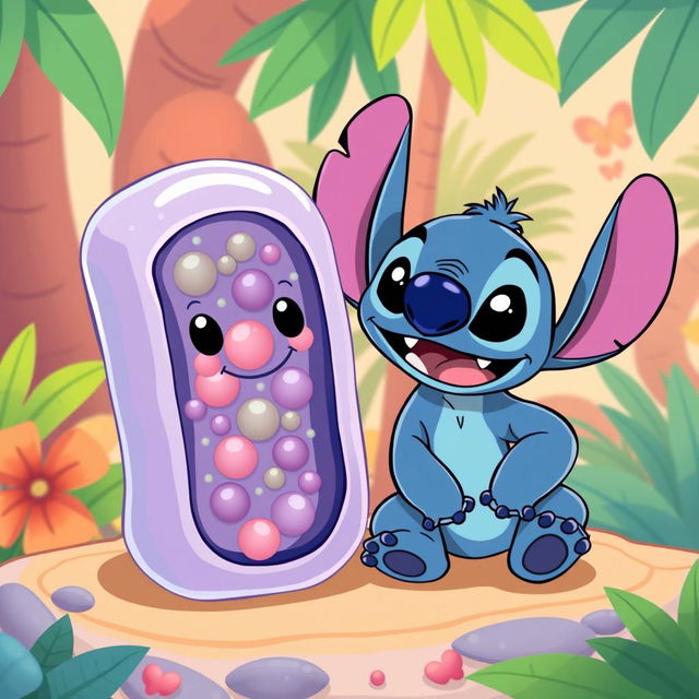 A playful illustration featuring a cell membrane positioned next to Stitch, the iconic character from Disney's Lilo & Stitch