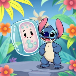 A playful illustration featuring a cell membrane positioned next to Stitch, the iconic character from Disney's Lilo & Stitch