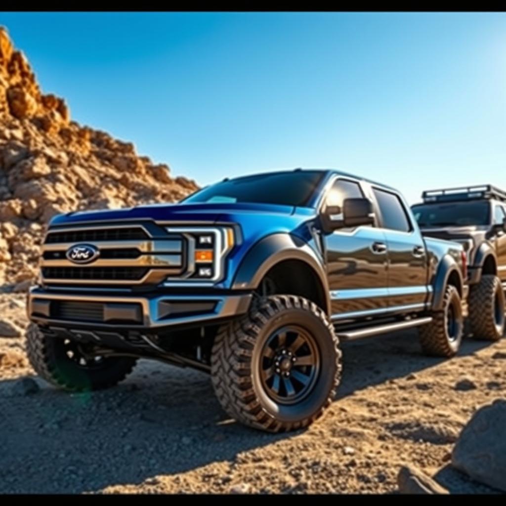 A stunning Ford Megarexx truck, featuring an aggressive and rugged design, exemplified by enlarged wheel arches and a commanding front grille