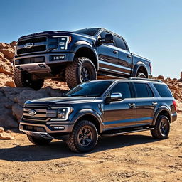 A stunning Ford Megarexx truck, featuring an aggressive and rugged design, exemplified by enlarged wheel arches and a commanding front grille