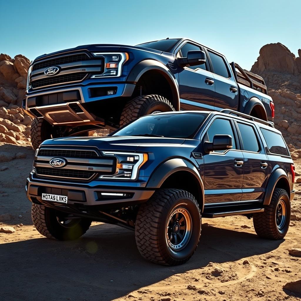 A stunning Ford Megarexx truck, featuring an aggressive and rugged design, exemplified by enlarged wheel arches and a commanding front grille