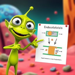 A green alien character, energetically pointing at a diagram that illustrates the process of endocytosis