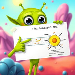 A green alien character, energetically pointing at a diagram that illustrates the process of endocytosis