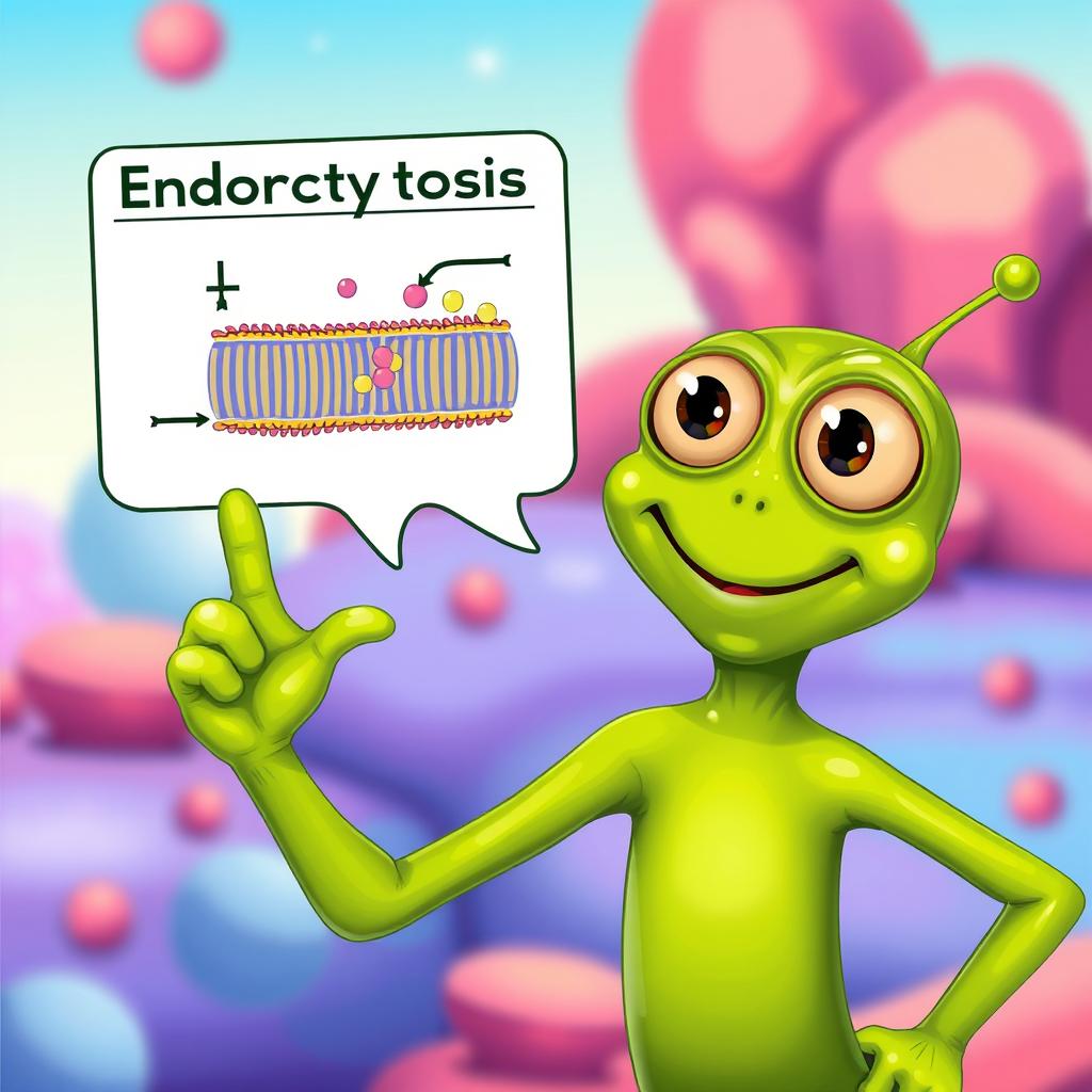 A green alien character, energetically pointing at a diagram that illustrates the process of endocytosis