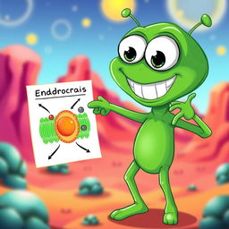 A green alien character, energetically pointing at a diagram that illustrates the process of endocytosis