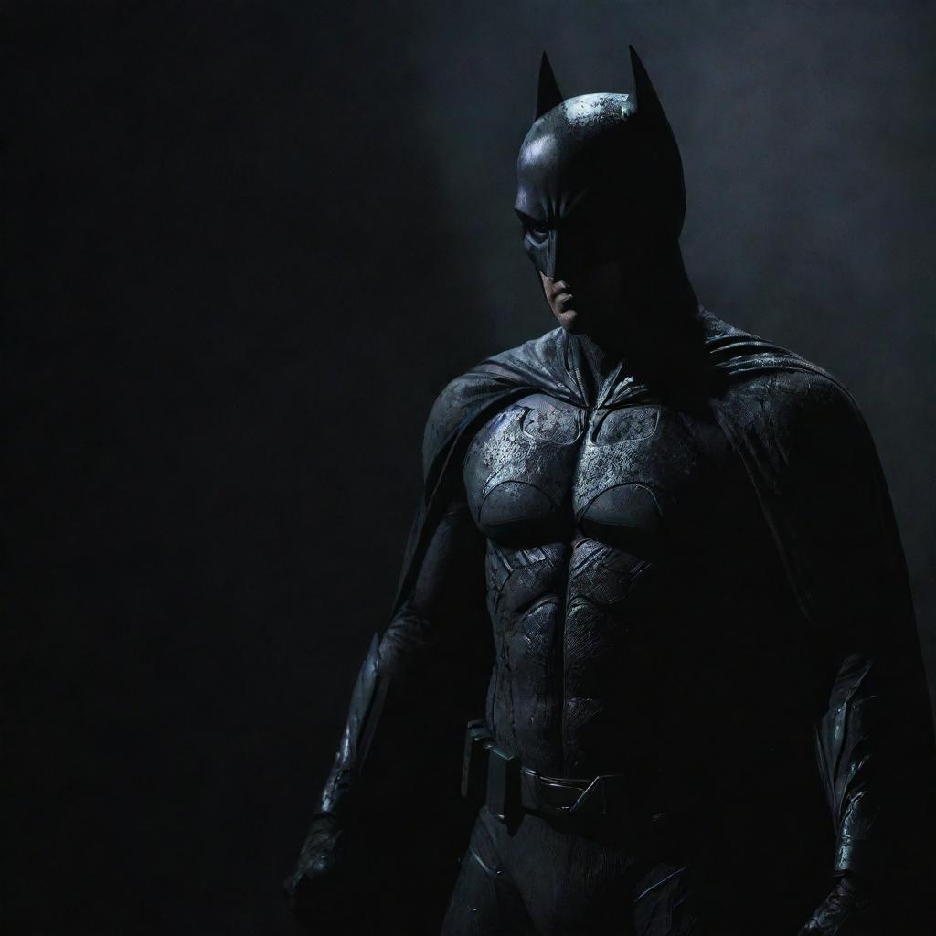 A menacing depiction of Batman shrouded in the shadows of the night, his costume tattered and battered evoking a sense of dread and enigma.