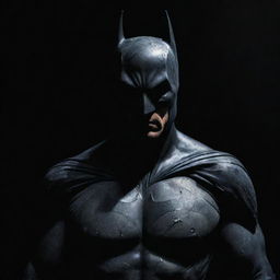 A menacing depiction of Batman shrouded in the shadows of the night, his costume tattered and battered evoking a sense of dread and enigma.