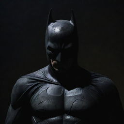 A menacing depiction of Batman shrouded in the shadows of the night, his costume tattered and battered evoking a sense of dread and enigma.