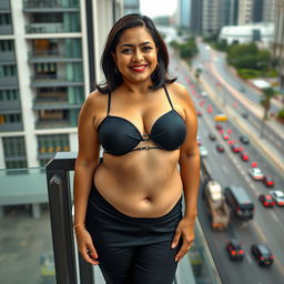 A hyper-realistic image of a beautiful, slightly chubby Indian woman aged 40, embodying a balanced figure that is neither too slim nor too fat