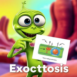 A green alien character, enthusiastically pointing at a diagram that illustrates the process of exocytosis