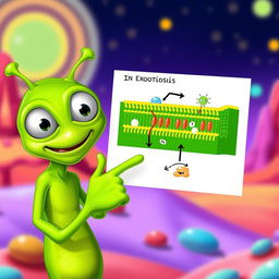 A green alien character, enthusiastically pointing at a diagram that illustrates the process of exocytosis