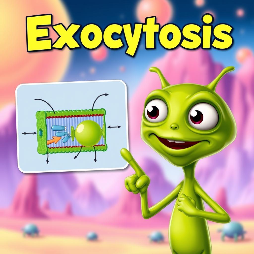 A green alien character, enthusiastically pointing at a diagram that illustrates the process of exocytosis