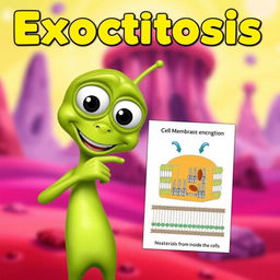 A green alien character, enthusiastically pointing at a diagram that illustrates the process of exocytosis