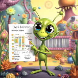 A green alien character, excitedly pointing at a diagram that illustrates the components of the cell membrane