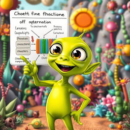 A green alien character, excitedly pointing at a diagram that illustrates the components of the cell membrane