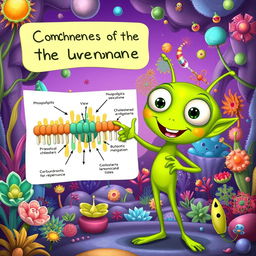 A green alien character, excitedly pointing at a diagram that illustrates the components of the cell membrane