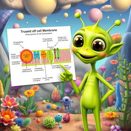 A green alien character, excitedly pointing at a diagram that illustrates the components of the cell membrane