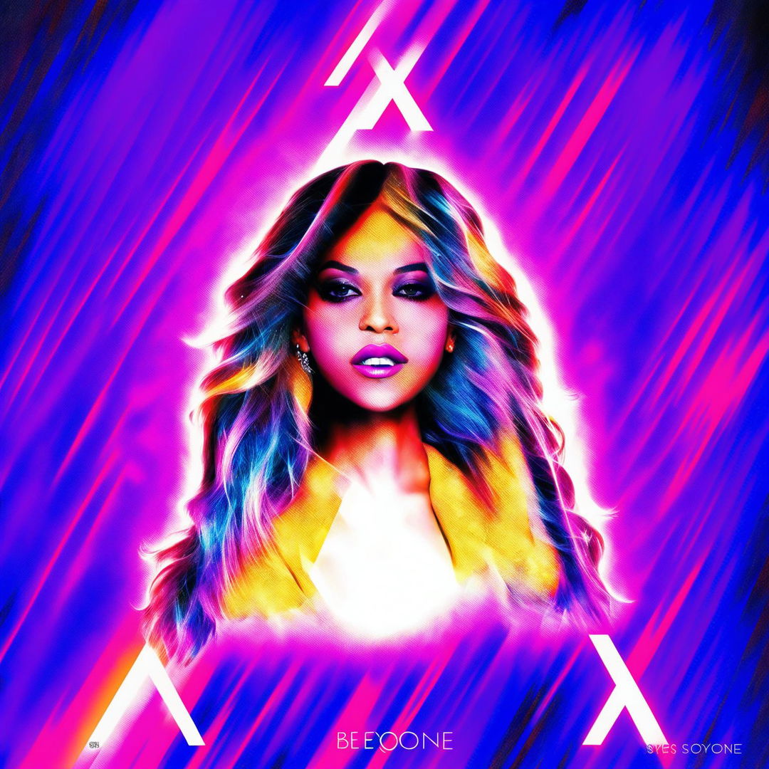 Abstract digital art album cover featuring Beyonce amidst a vibrant vortex of colors, her form composed of geometric shapes filled with stars. The album title floats in sleek silver letters against this backdrop.