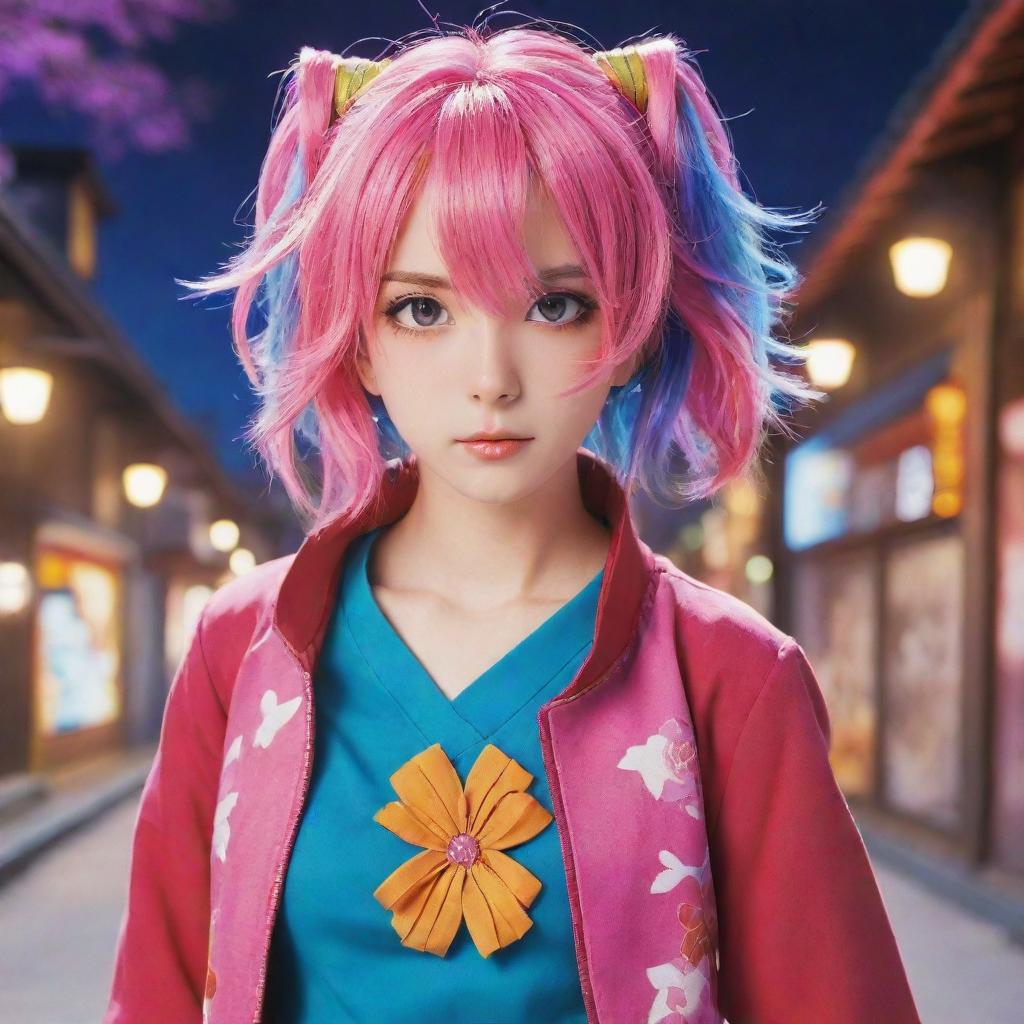 Anime character with sharp eyes, colorful hair, and a vibrant outfit in a magical setting