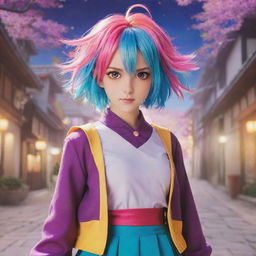 Anime character with sharp eyes, colorful hair, and a vibrant outfit in a magical setting