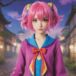 Anime character with sharp eyes, colorful hair, and a vibrant outfit in a magical setting