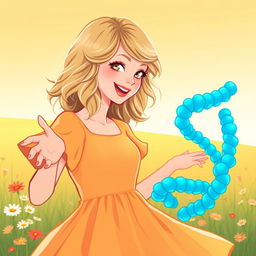 A charming illustration of Taylor Swift from her 'Fearless' era, joyfully greeting a protein molecule