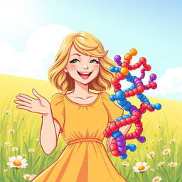 A charming illustration of Taylor Swift from her 'Fearless' era, joyfully greeting a protein molecule