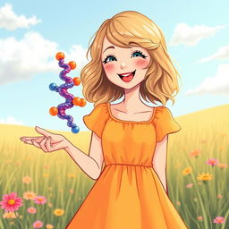 A charming illustration of Taylor Swift from her 'Fearless' era, joyfully greeting a protein molecule