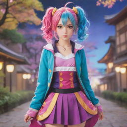 Anime character with sharp eyes, colorful hair, and a vibrant outfit in a magical setting