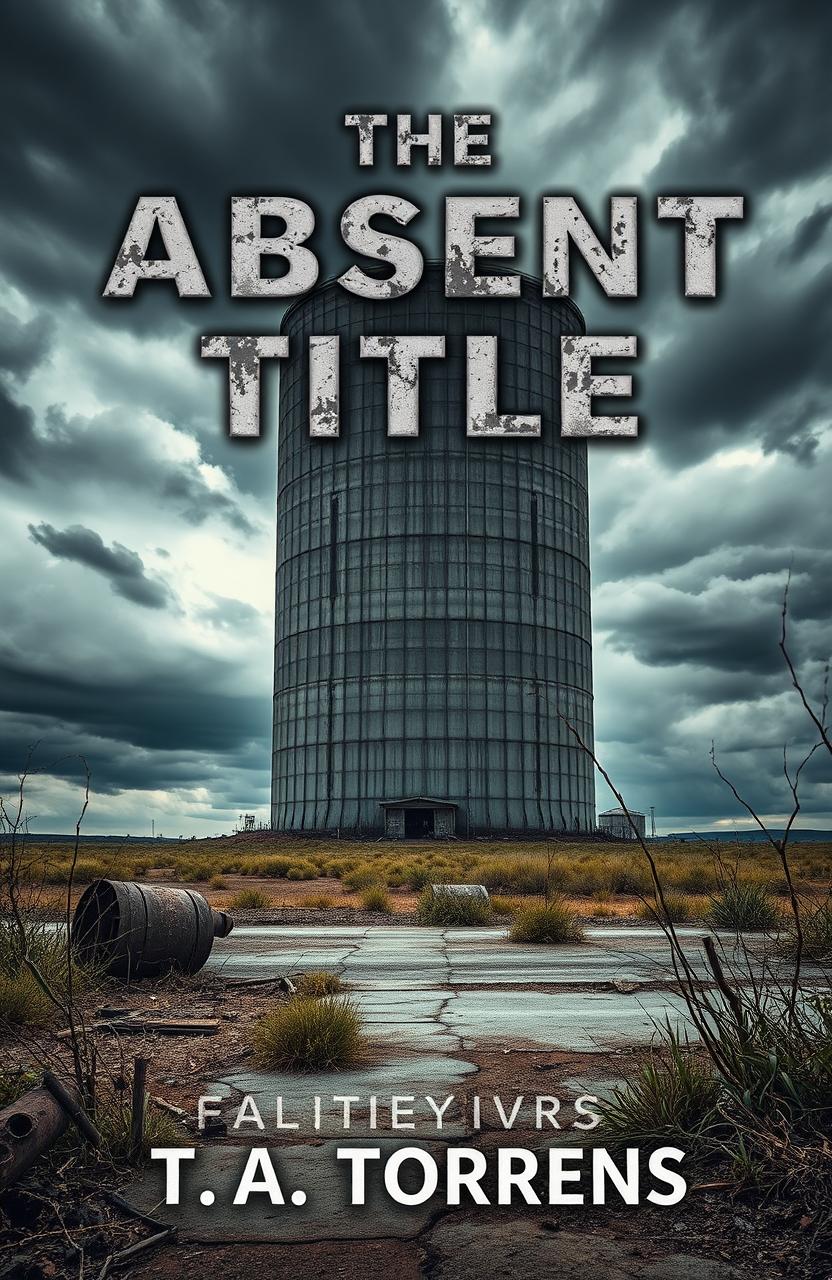 A captivating book cover for a dystopian novel titled 'The Absent Title' by T