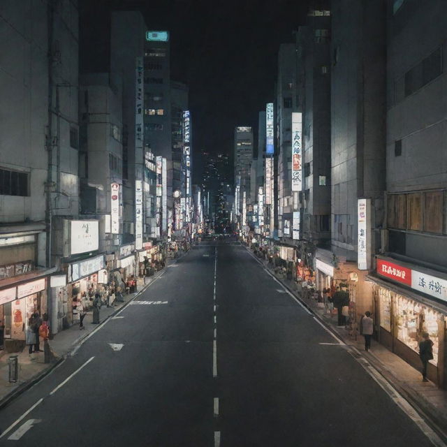 A pristine Tokyo cityscape at night, with well-lit streets devoid of any people and animals