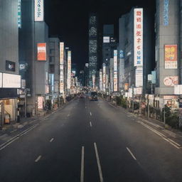 A pristine Tokyo cityscape at night, with well-lit streets devoid of any people and animals