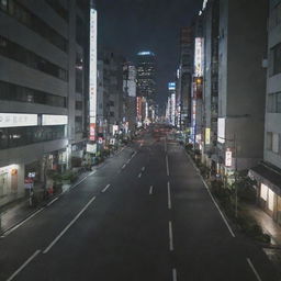 A pristine Tokyo cityscape at night, with well-lit streets devoid of any people and animals