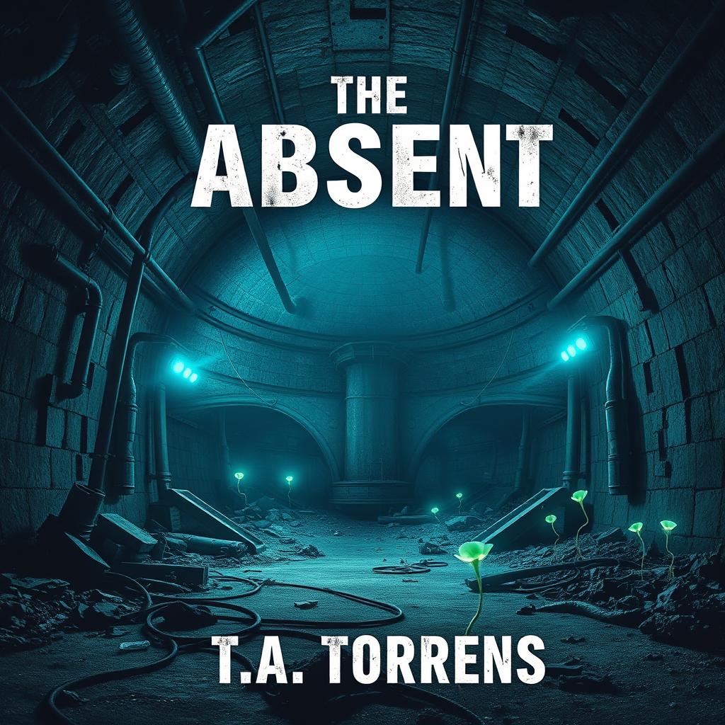 A striking book cover for a dystopian novel titled 'The Absent' by T