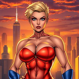 A powerful and confident female superhero, inspired by Power Girl, standing tall with a strong pose