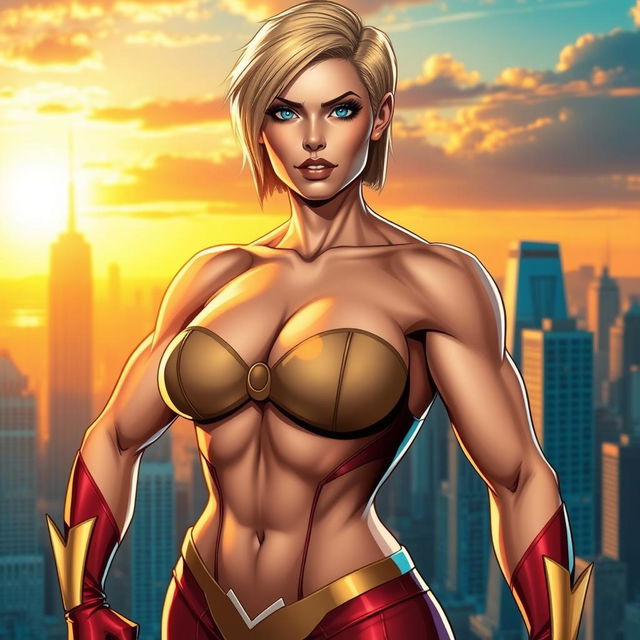 A powerful and confident female superhero, inspired by Power Girl, standing tall with a strong pose