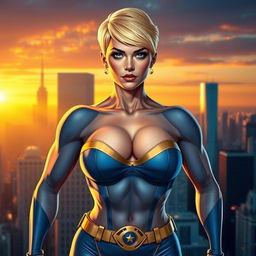 A powerful and confident female superhero, inspired by Power Girl, standing tall with a strong pose