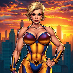 A powerful and confident female superhero, inspired by Power Girl, standing tall with a strong pose