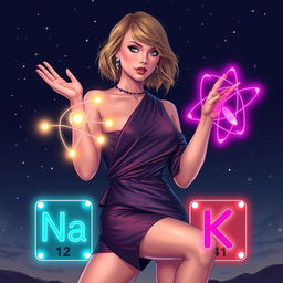 An artistic illustration of Taylor Swift from her 'Midnights' era, gracefully positioned alongside the chemical elements of Sodium (Na) and Potassium (K)