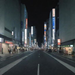 A pristine Tokyo cityscape at night, with well-lit streets devoid of any people and animals