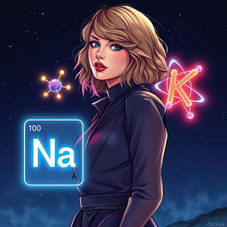 An artistic illustration of Taylor Swift from her 'Midnights' era, gracefully positioned alongside the chemical elements of Sodium (Na) and Potassium (K)