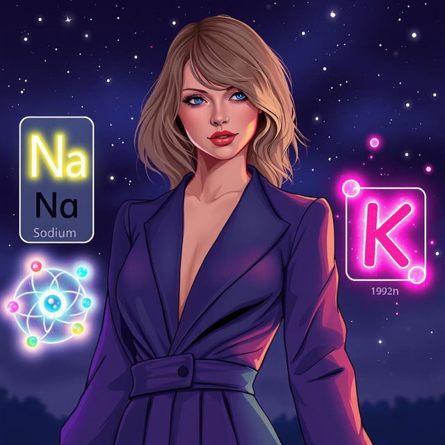 An artistic illustration of Taylor Swift from her 'Midnights' era, gracefully positioned alongside the chemical elements of Sodium (Na) and Potassium (K)